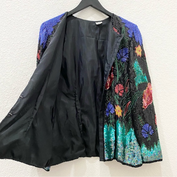 Vintage 80’s 90’s Abstract Floral Print Fully Beaded Sequined Blazer Jacket M - Picture 13 of 16